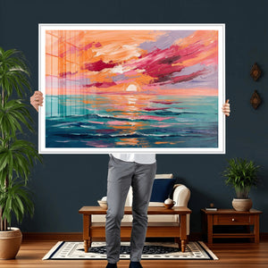 Bold Palette Knife Ocean Sunset Canvas — Orange Pink Teal