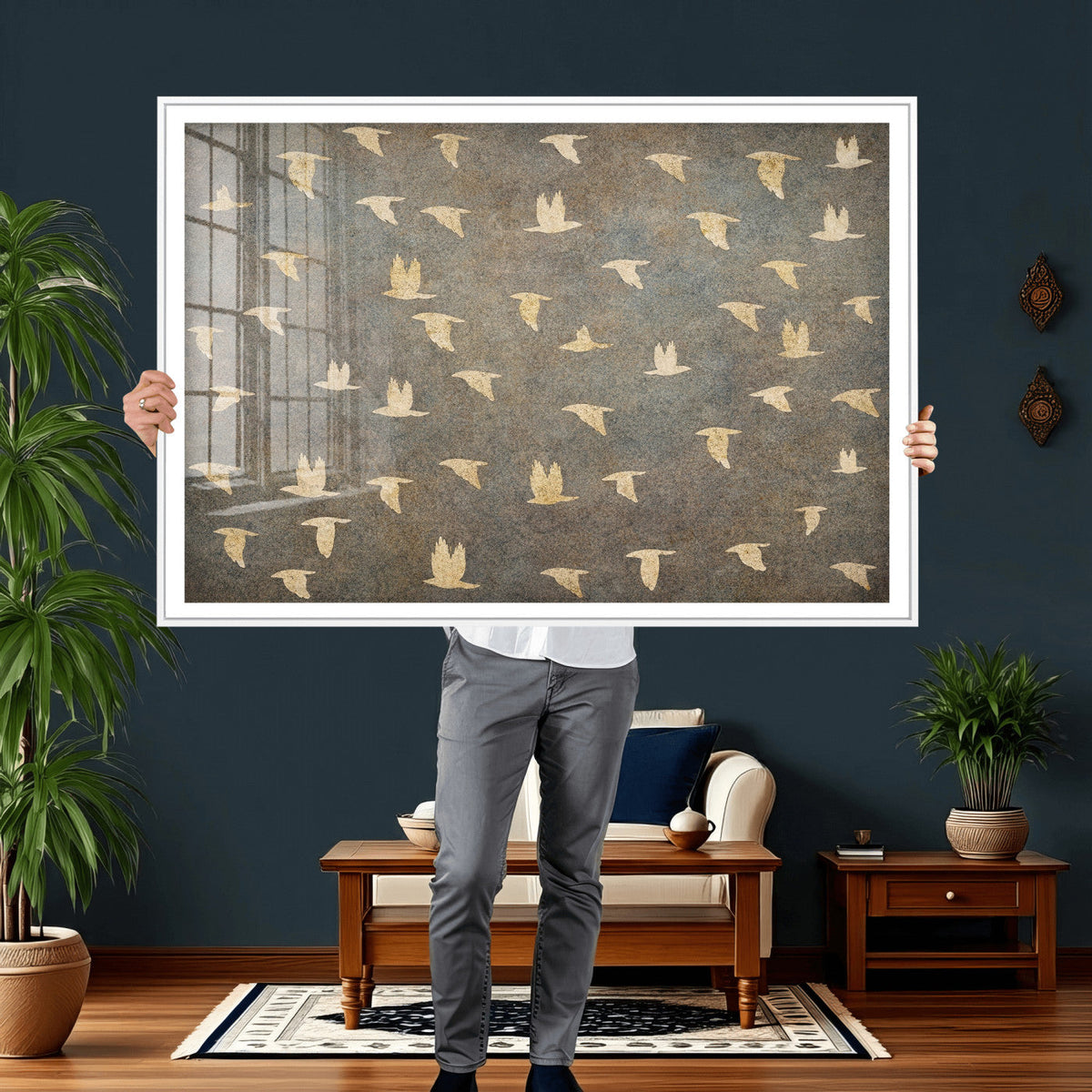 Flying Birds Canvas Wall Art, Vintage Bird Flock Pattern