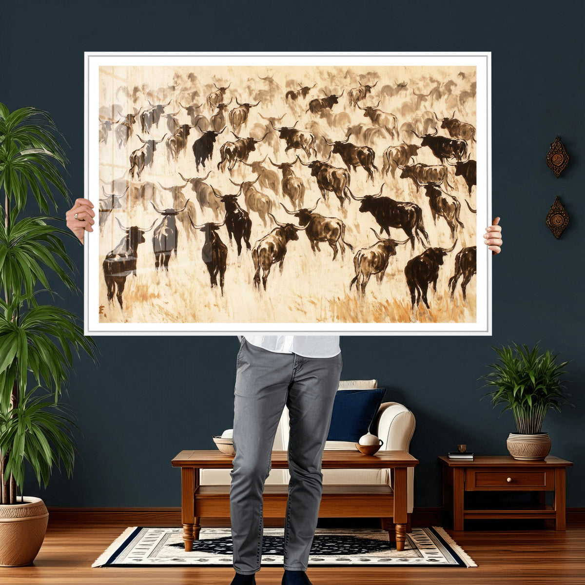 Texas Longhorn Sepia Canvas Wall Art, Western Cattle