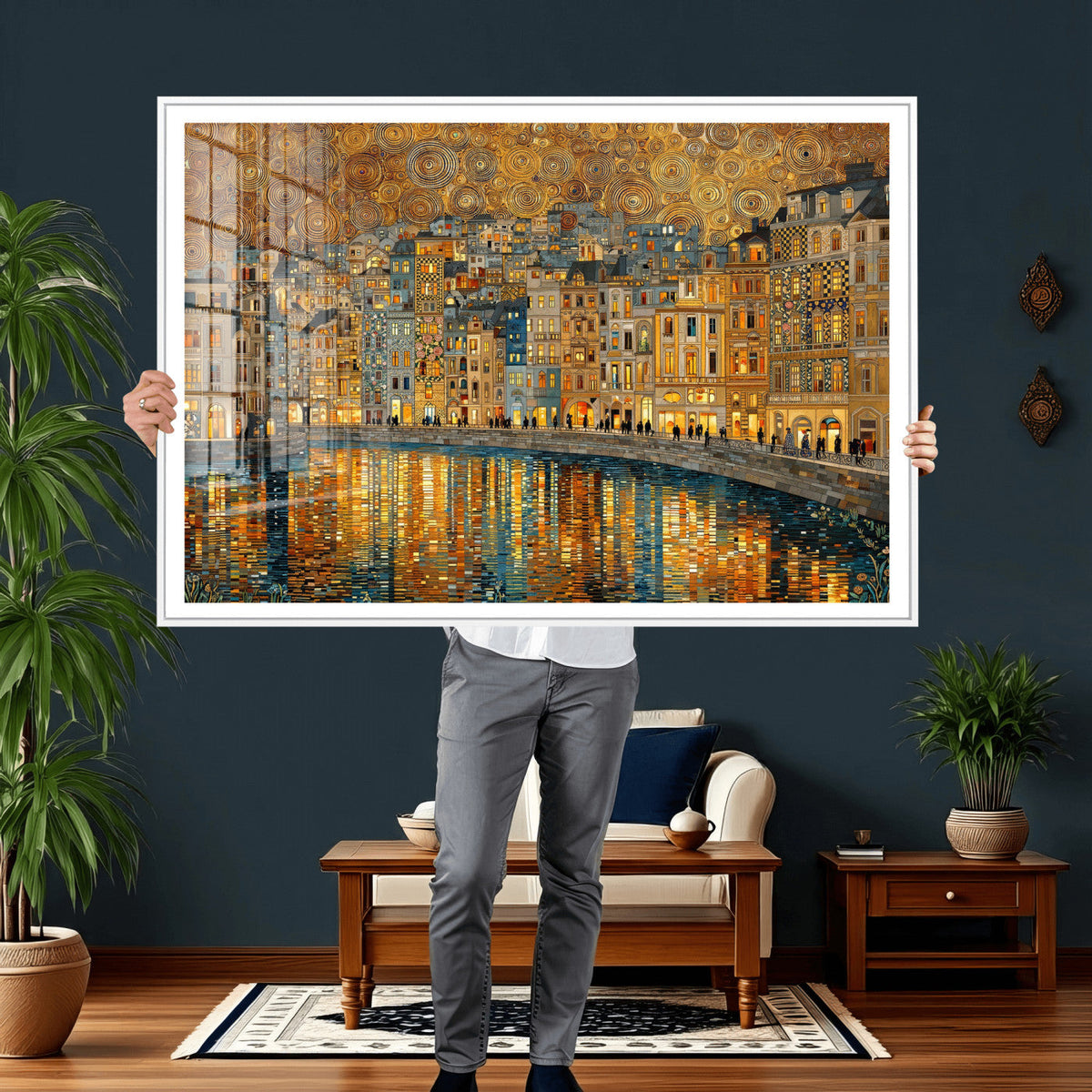 Gustav Klimt Golden Cityscape Wall Art Canvas Print, Framed