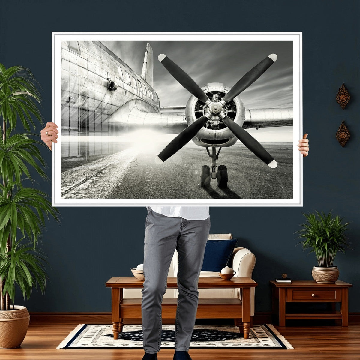 Vintage Airplane Wall Art Canvas Print, Black and White