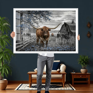 Texas Longhorn Canvas Wall Art, Rustic Farm Barn Bluebonnet