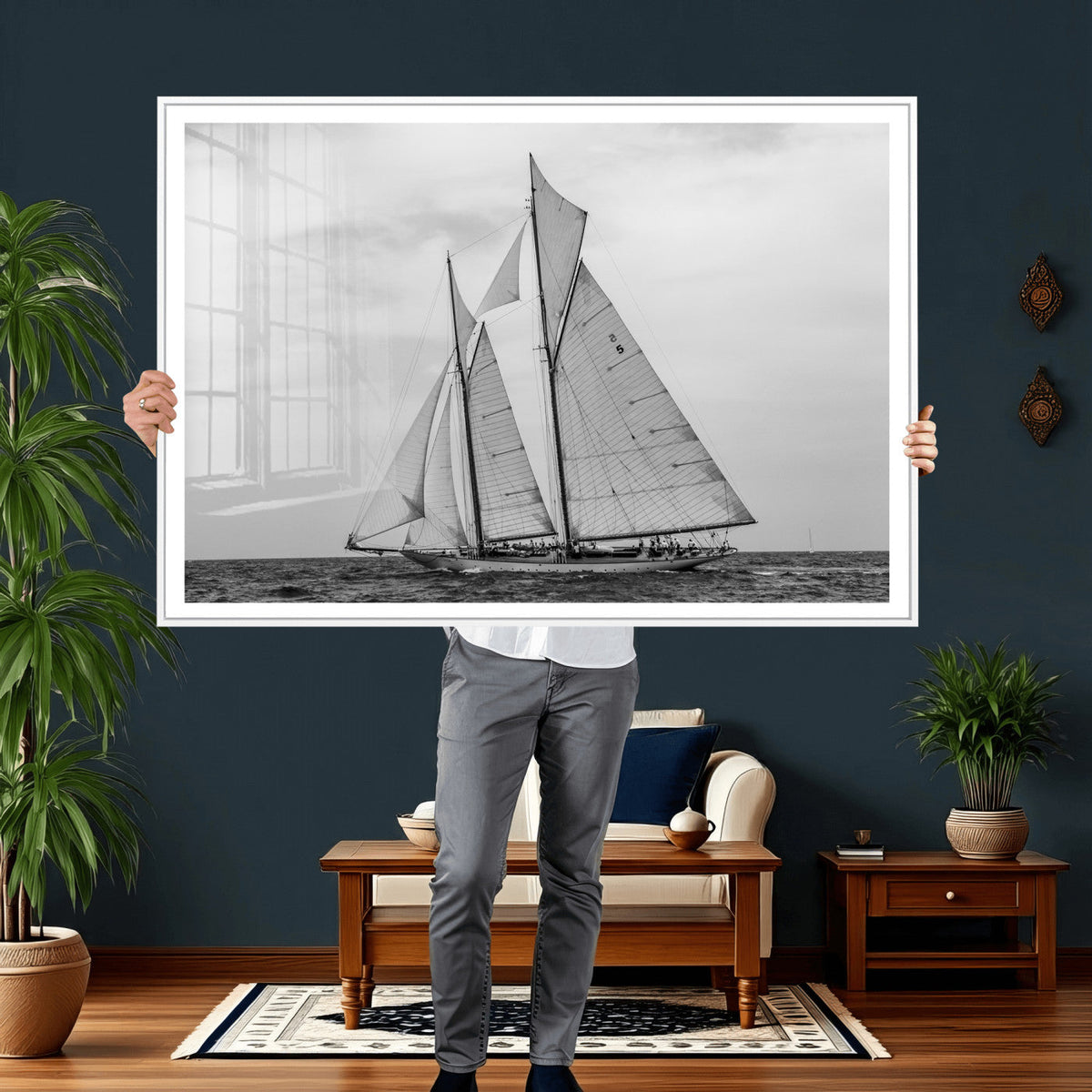 Vintage Sailboat Wall Art Canvas Print, Black and White
