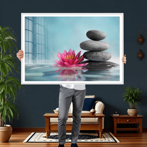 Zen Canvas Wall Art Lotus Flower Stacked Stones Teal Spa