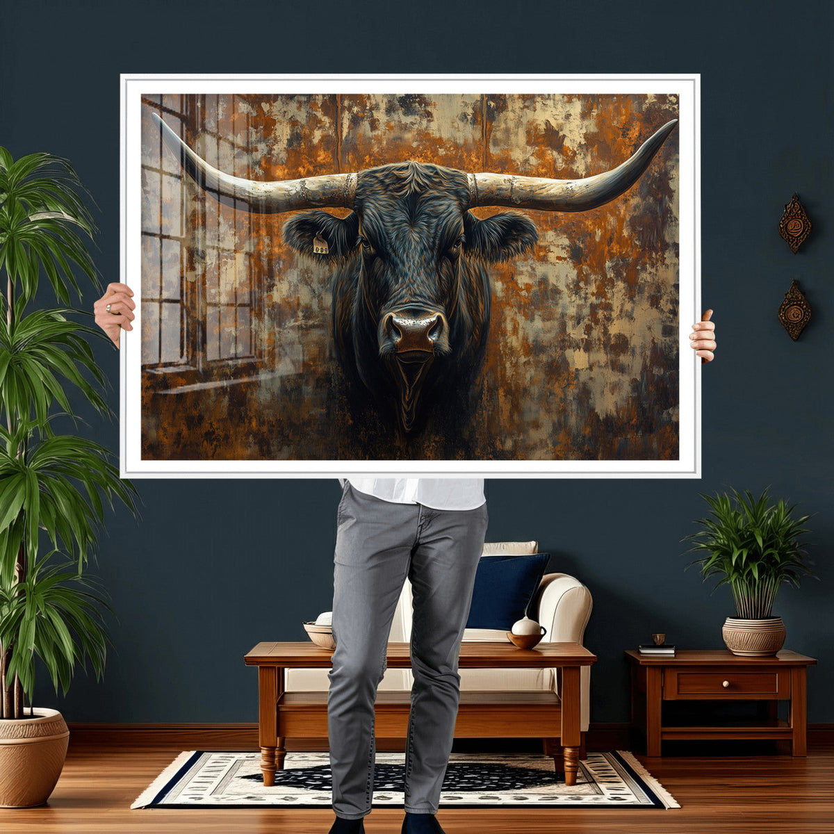 Longhorn Texas Cow Bull Wall Art | Rustic Farmhouse Canvas