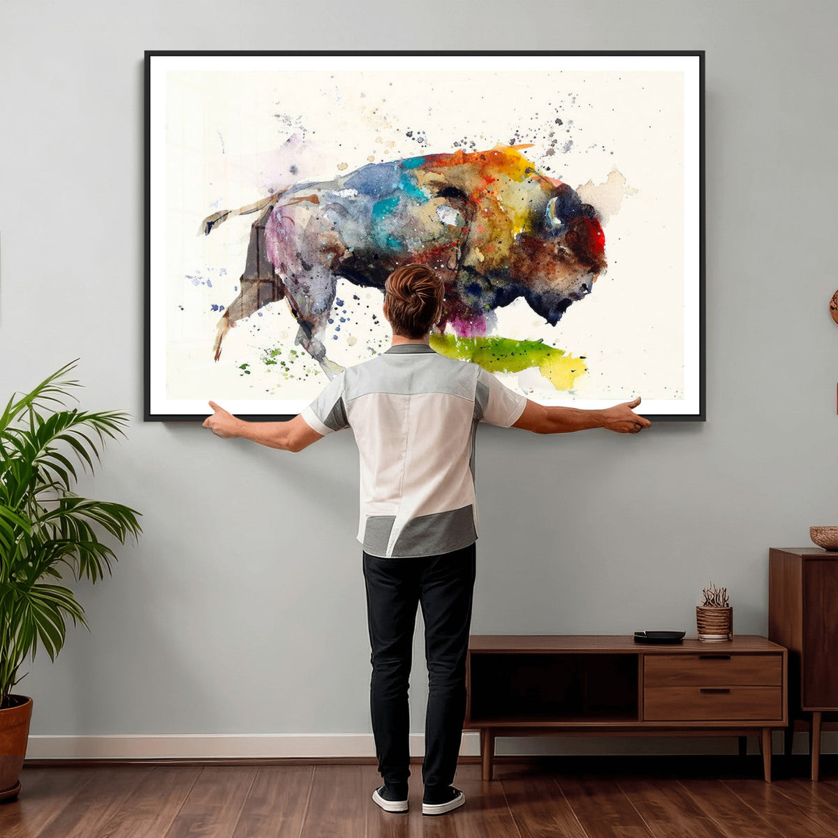 Abstract Buffalo Wall Art, Western Watercolor Bison Canvas