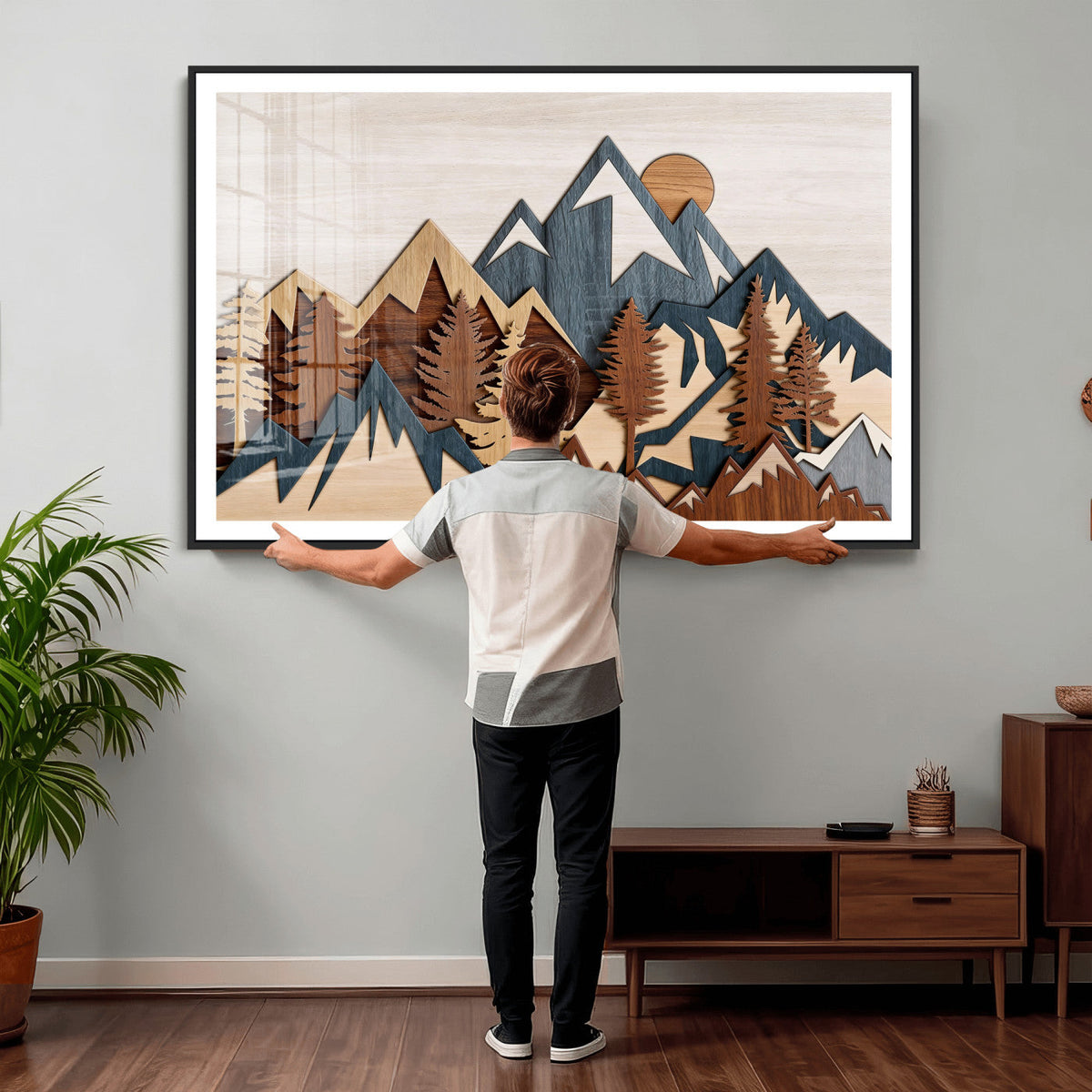 Rustic Abstract Wood Panel Effect Canvas Mountain Range Top