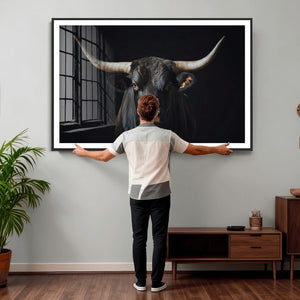 Majestic Longhorn Bull Wall Art Canvas Print – Dark