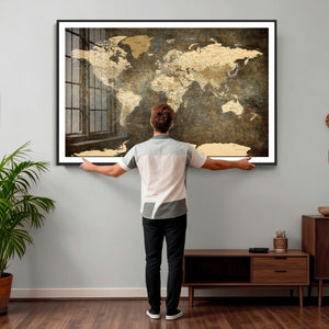 Large Framed Vintage World Map Wall Art Print for Home Wall