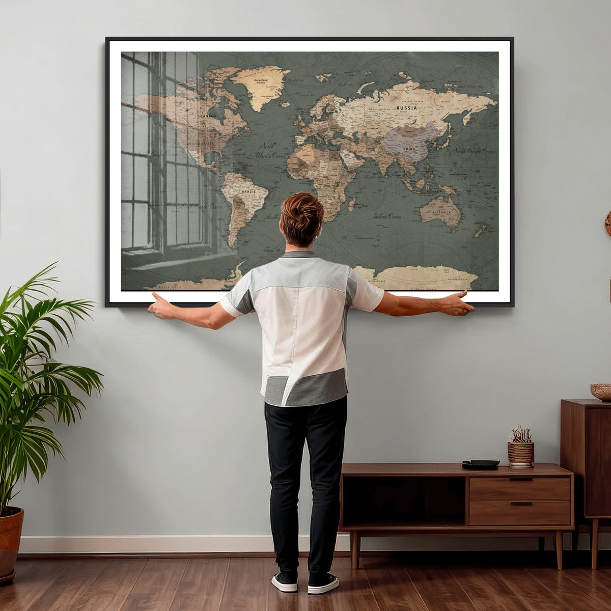 Rustic Black and Wood World Map Canvas Wall Art – Framed