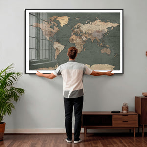 Rustic Black and Wood World Map Canvas Wall Art – Framed