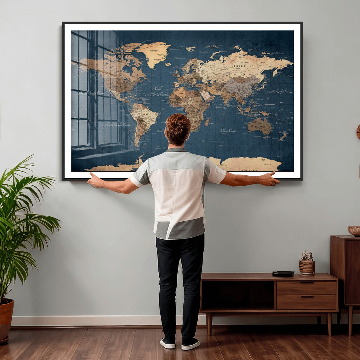 Navy Blue World Map Canvas Print – Framed Travel Map Wall