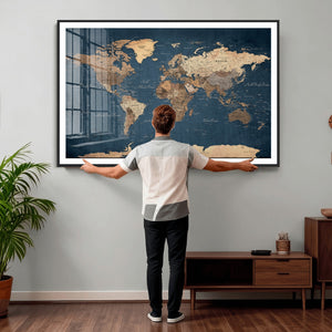 Navy Blue World Map Canvas Print – Framed Travel Map Wall