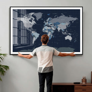Blue Detailed World Map Wall Art Canvas Print, Modern Framed