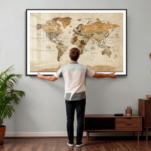 Rustic Vintage World Map Canvas Print – Framed Modern