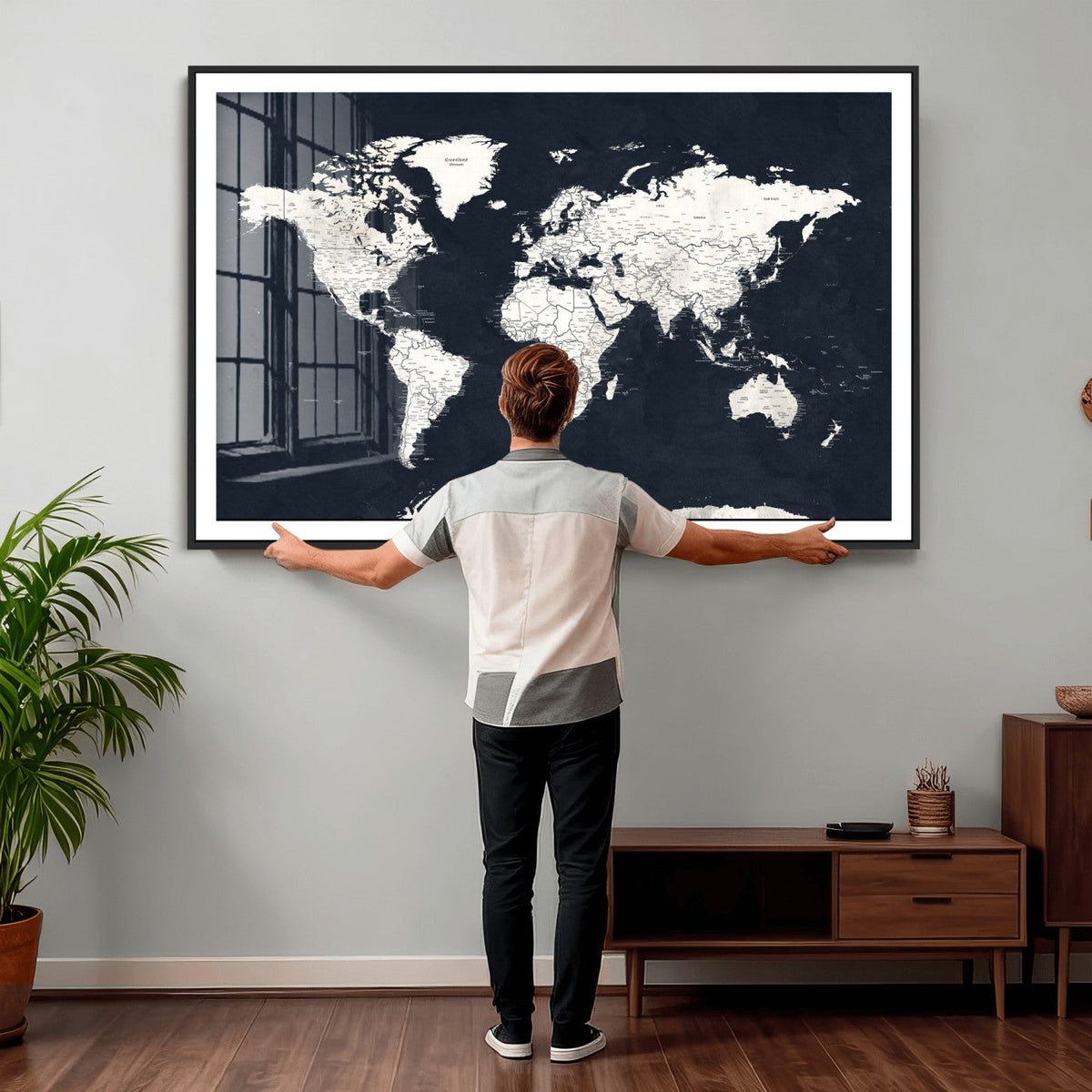 Black World Map Wall Art Canvas Print for Home Office and