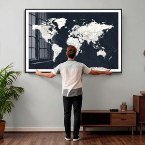 Black World Map Wall Art Canvas Print for Home Office and