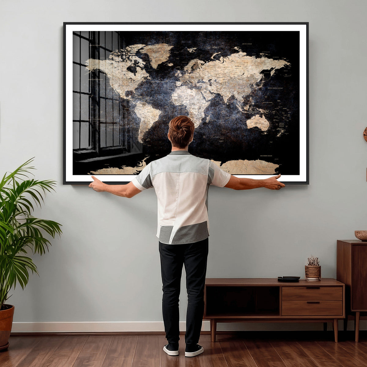 Grunge World Map Wall Art | 3-Panel Large Beige and Brown