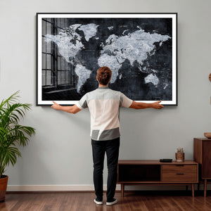 Black World Map Canvas Print – Detailed Map for Couples and