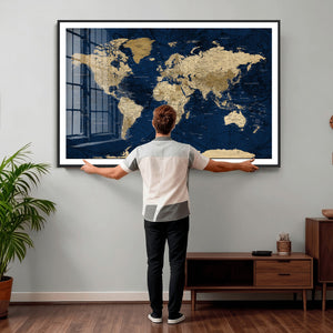 Navy Blue World Map Canvas Print – Detailed Map Minimal Navy