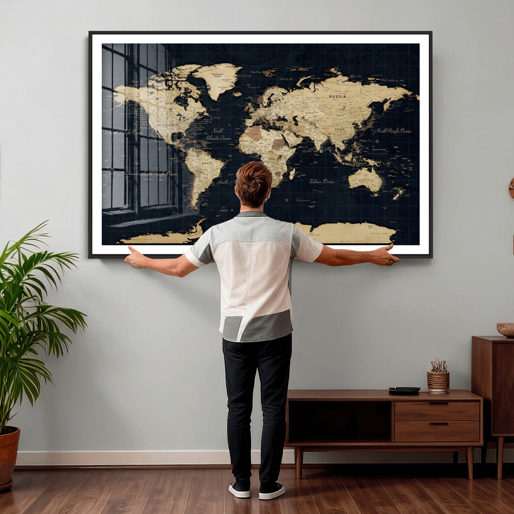 Dark World Map Canvas Wall Art Print, Minimal Black and Gold