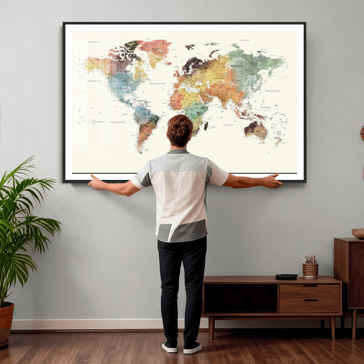 Framed World Map Wall Art Canvas Print for Living Room and