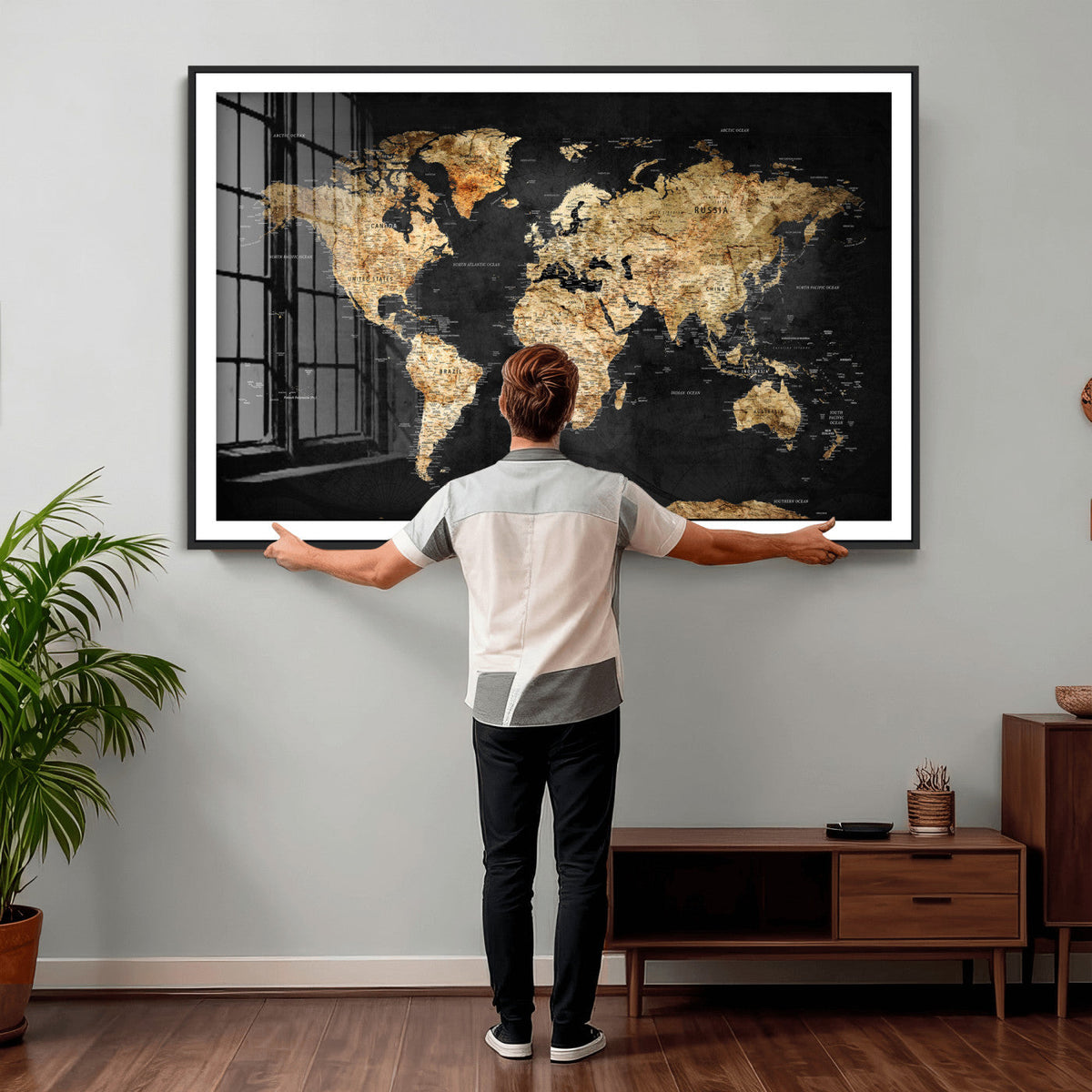 World Map Canvas Wall Art with Famous Landmarks – Framed