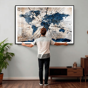 Rustic World Map Canvas Print – Framed Wall Art for Couples,