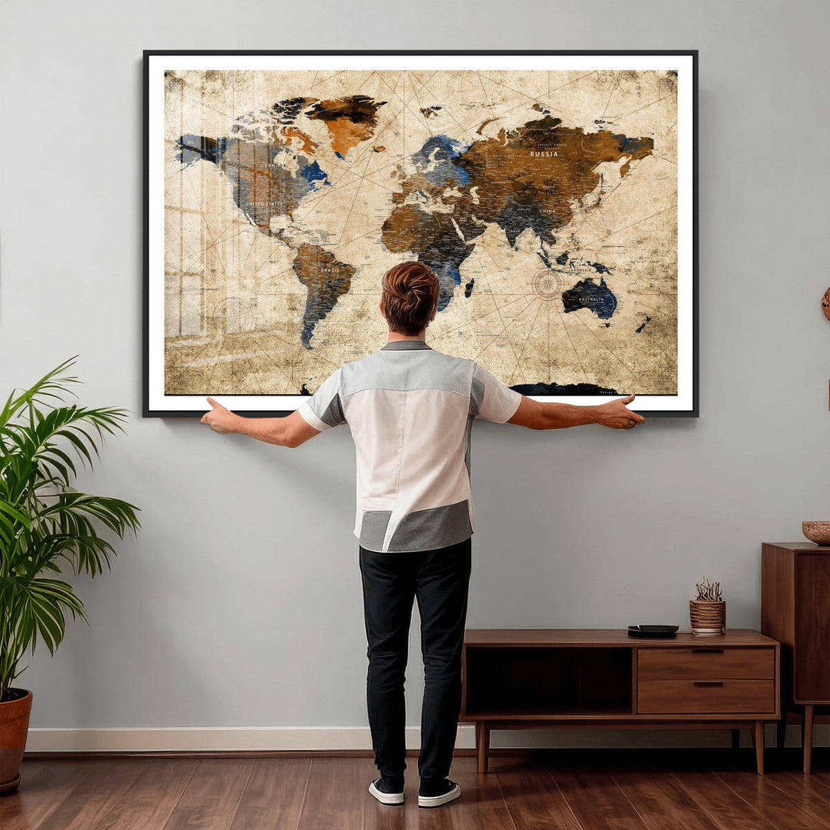World Map Wall Art – Rustic Earth Tone Canvas Print, Antique