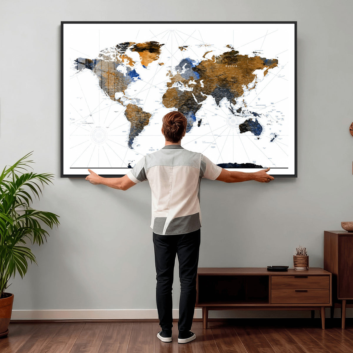 World Map Wall Art Canvas Print, Modern Decorative Framed