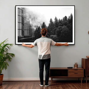 Black White Forest Wall Art Canvas Print, Misty Pine Tree