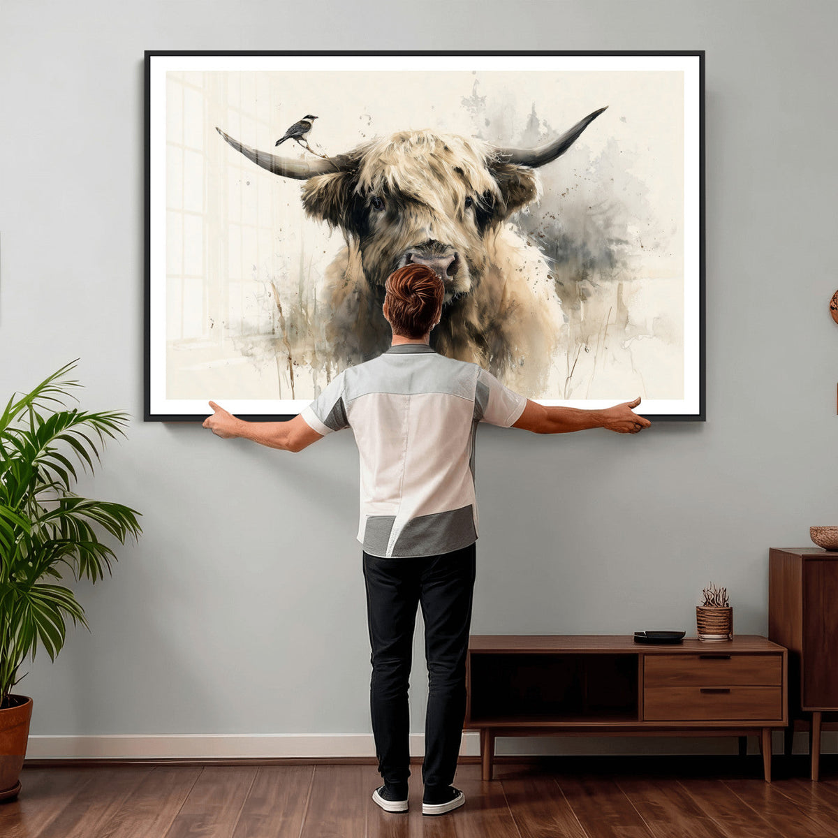 Abstract Highland Cow Wall Art Canvas Print, Rustic Farm