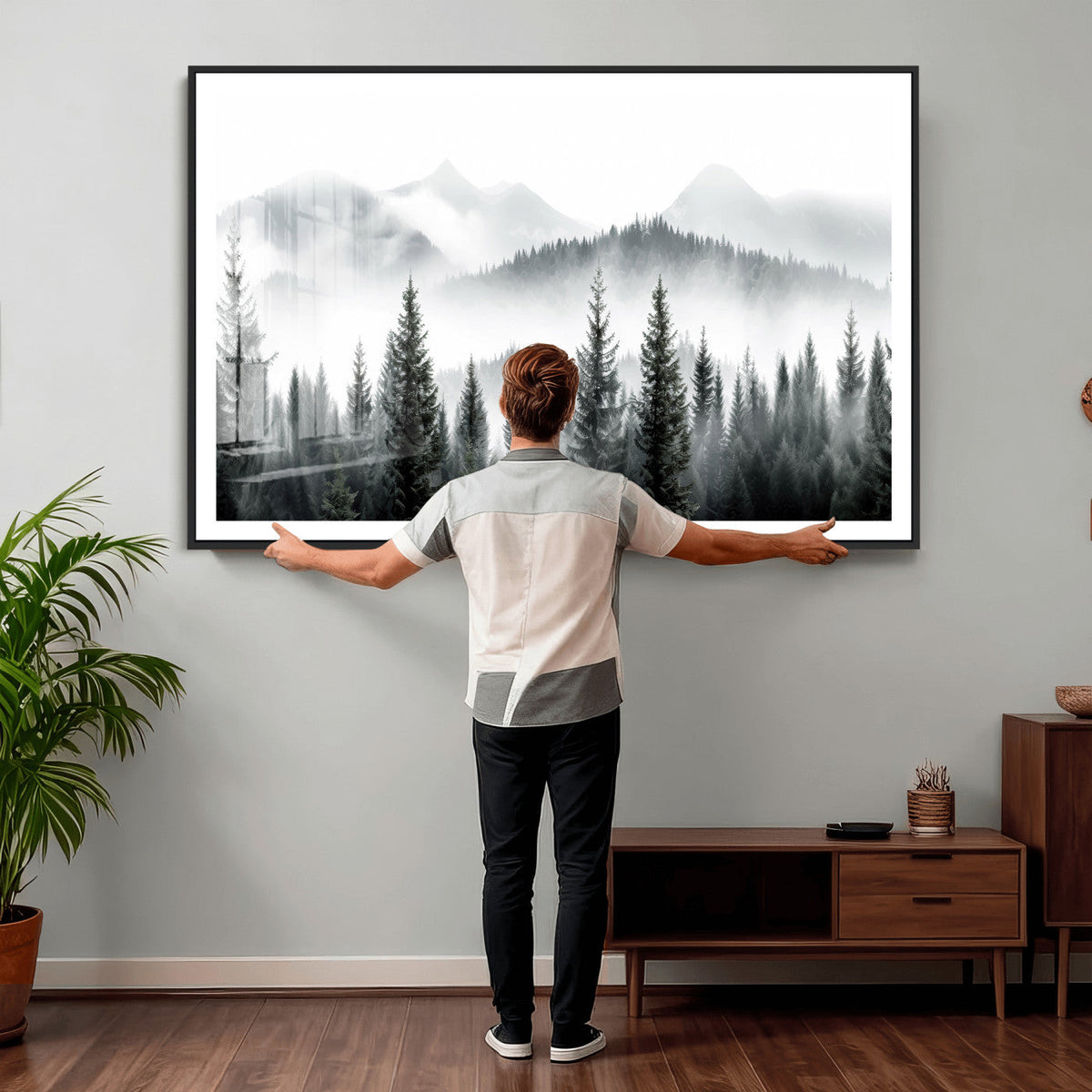 Misty Pine Forest Mountain Landscape Wall Art Canvas Print