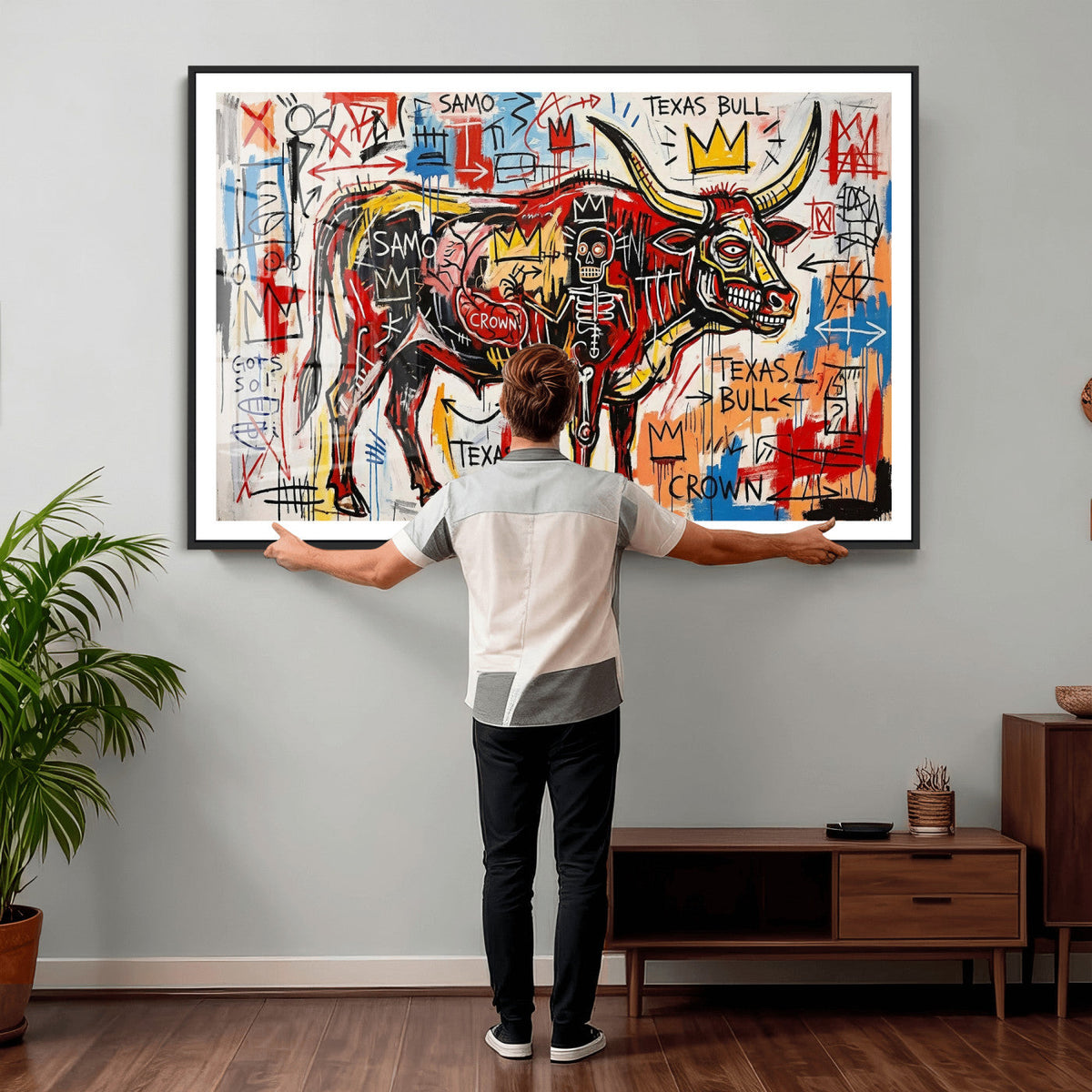 Texas Bull Wall Art Canvas Print, Abstract Graffiti Bull