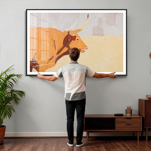 Minimal Longhorn Bull Wall Art Canvas Print, Neutral Western