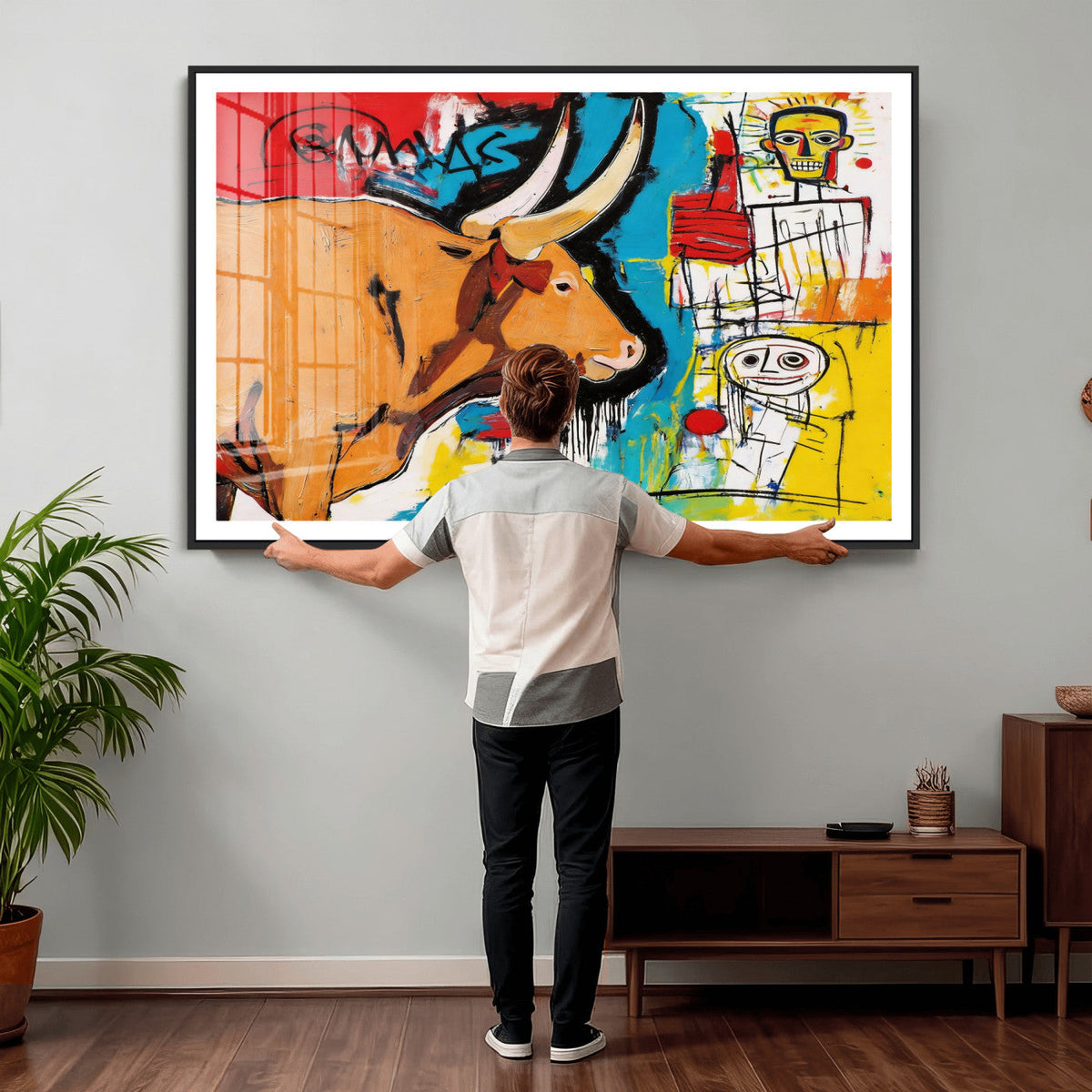 Basquiat Style Bull Graffiti Wall Art Canvas Print, Street