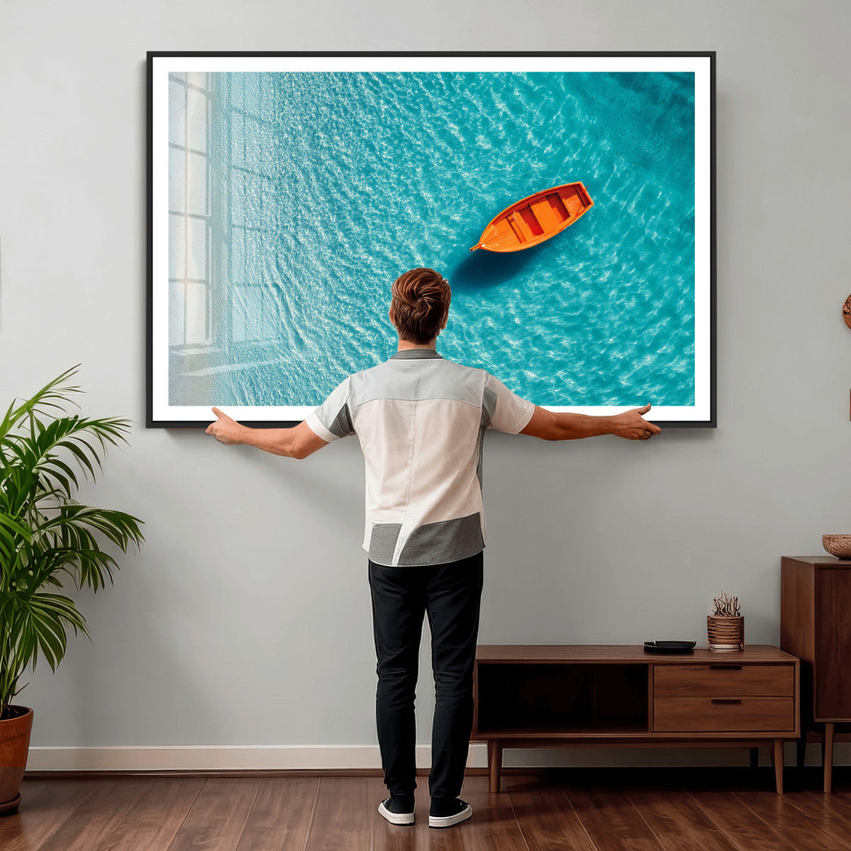 Minimalist Boat Wall Art Canvas Print, Aerial Sea Landscape