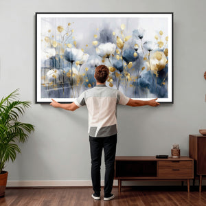 Large Abstract Flowers Wall Art Canvas Print – Gold and Blue