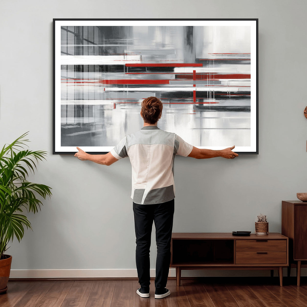 Gray Red Abstract Wall Art Canvas Print, Modern Abstract
