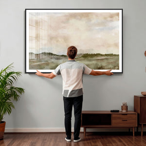 Muted Watercolor Hill Landscape Print — Beige Taupe Cloudy