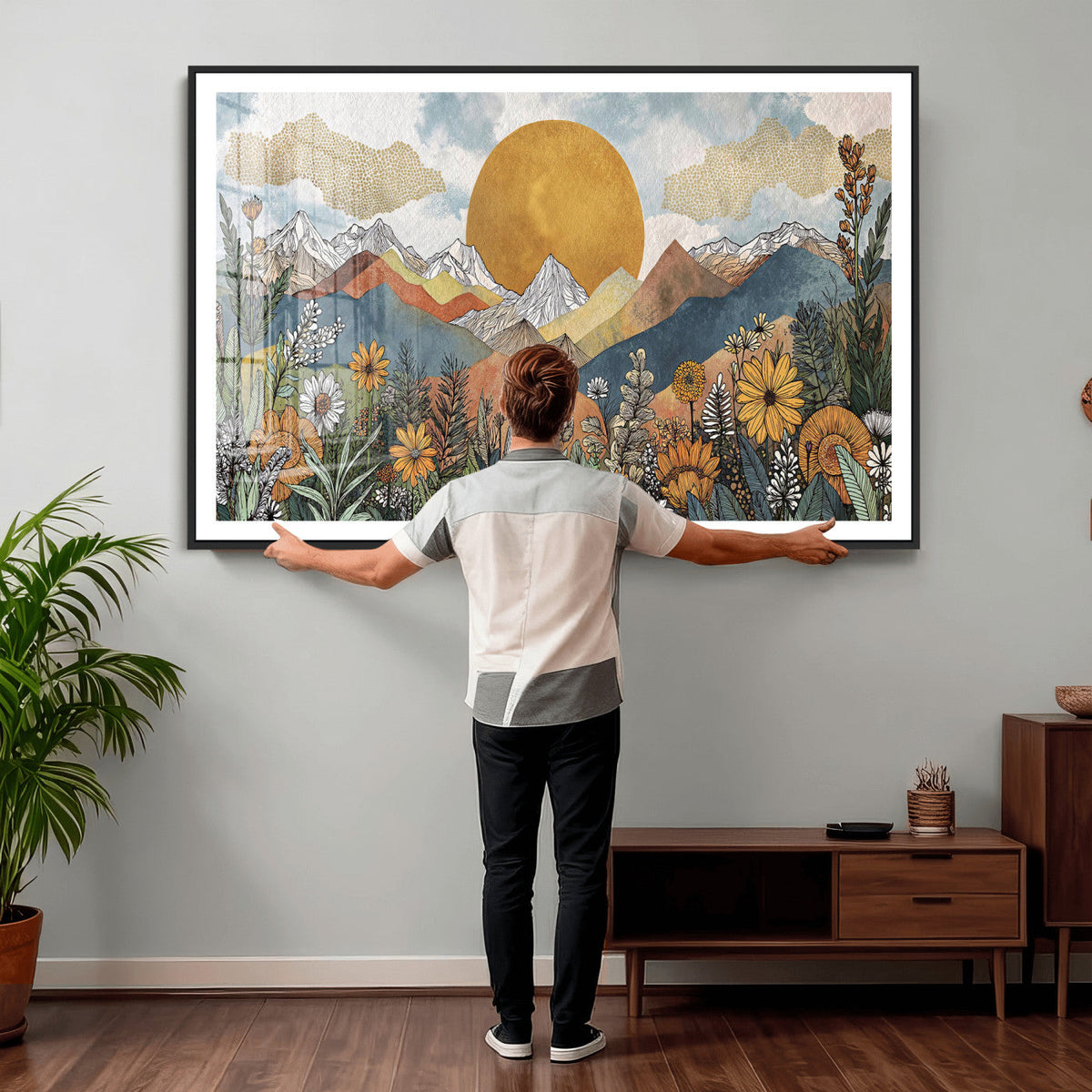 Boho Mountain Landscape Large Wall Art, Horizontal Gold