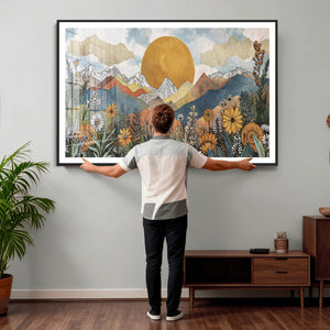 Boho Mountain Landscape Large Wall Art, Horizontal Gold