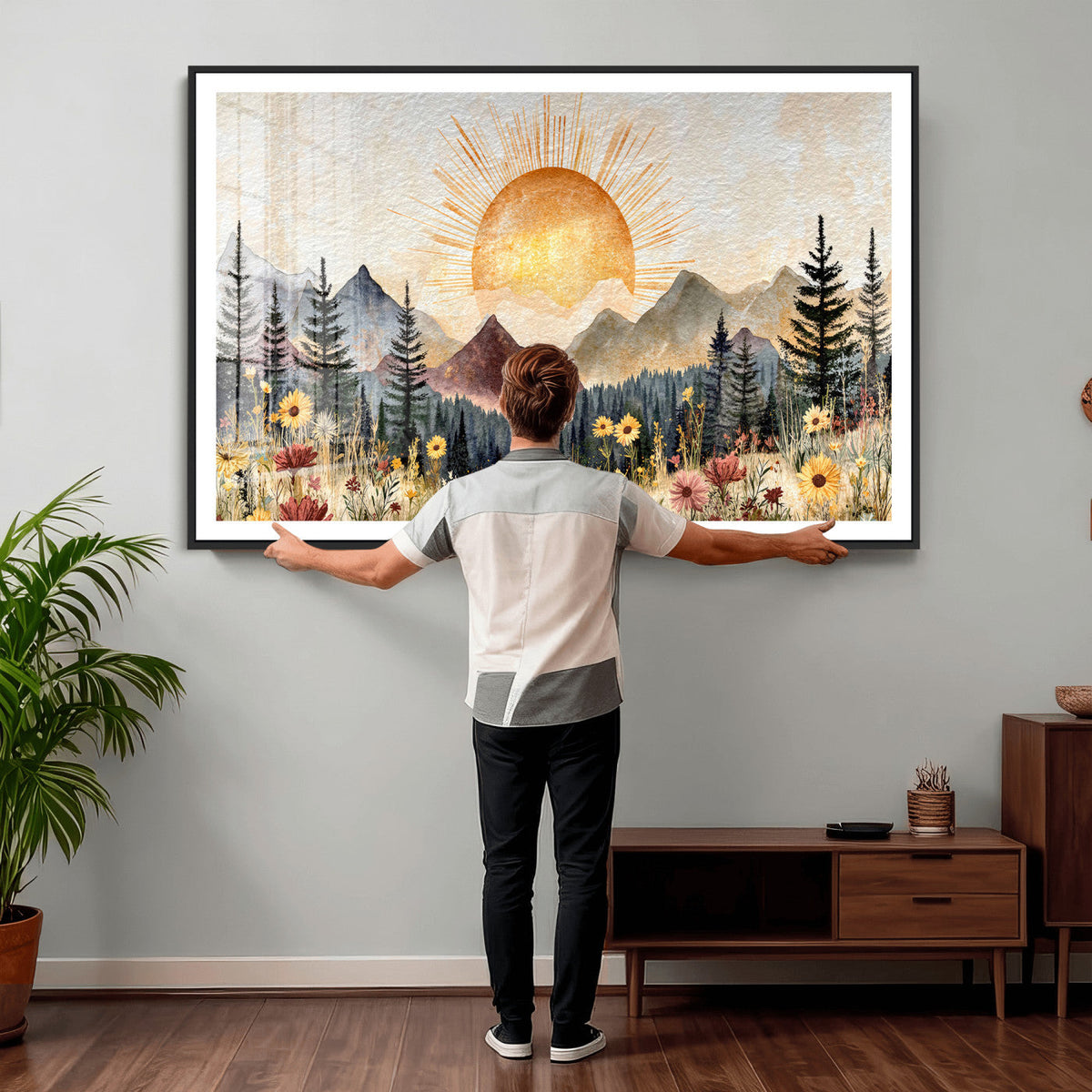 Boho Mountain Landscape Large Wall Art, Horizontal Gold