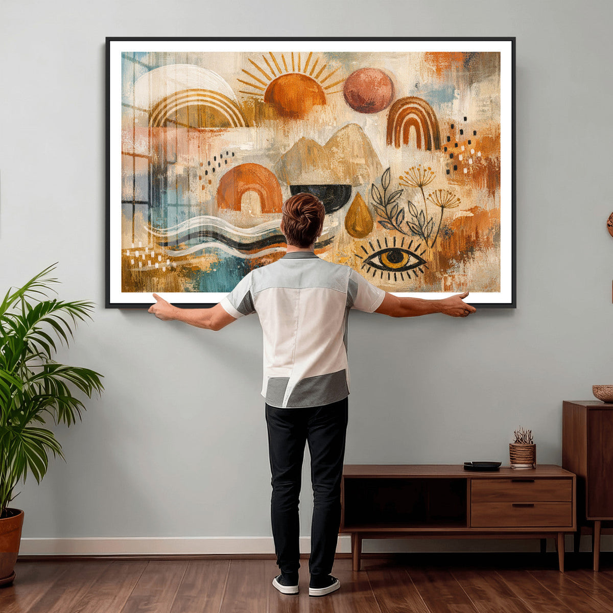 Geometric Boho Abstract Wall Art Canvas Print, Orange Blue