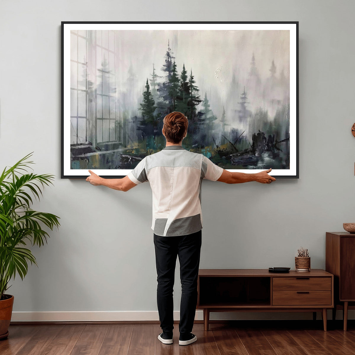 Misty Pine Forest Oil Painting Canvas — Dark Moody Teal Grey