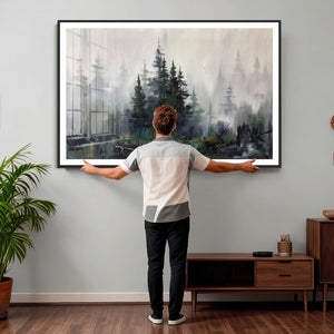 Misty Pine Forest Oil Painting Canvas — Dark Moody Teal Grey