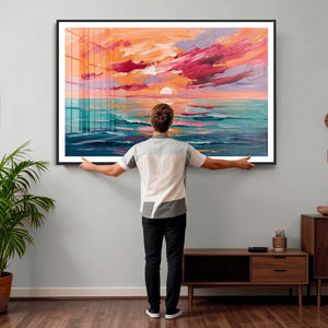 Bold Palette Knife Ocean Sunset Canvas — Orange Pink Teal