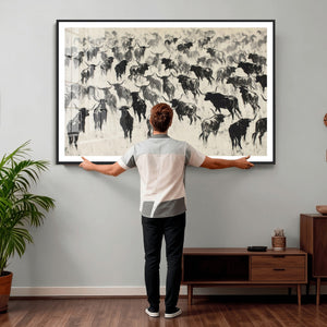 Longhorn Cattle Canvas Wall Art, Black White Stampede Ink