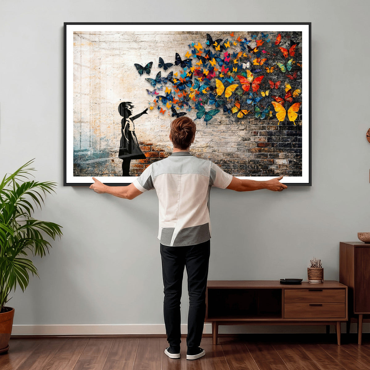 Banksy Graffiti Butterfly Girl Wall Art Canvas Print, Framed