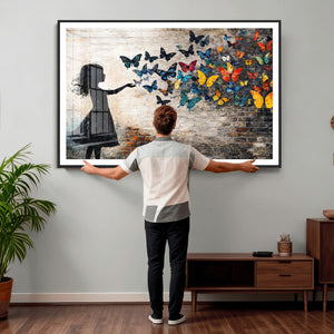 Banksy Butterfly Girl Wall Art Canvas Print, Framed Street